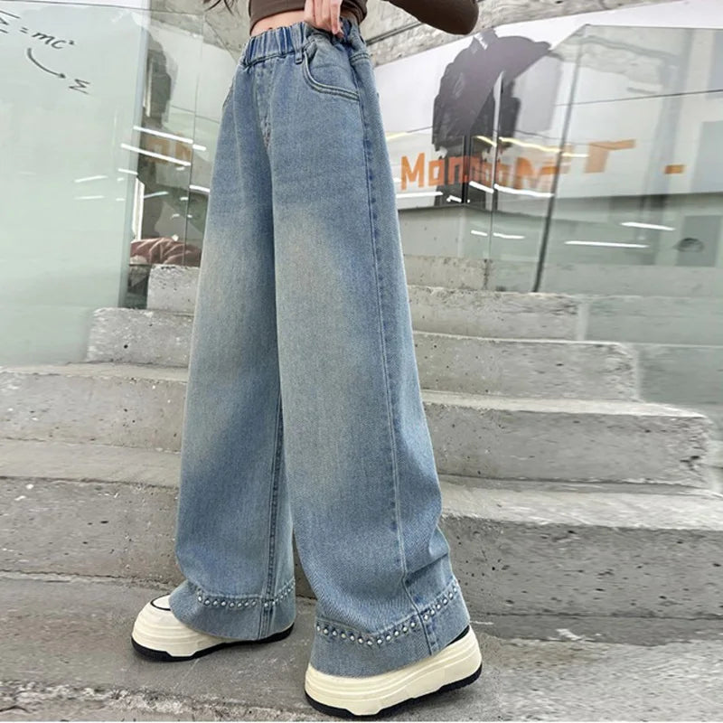 Teen Girls Loose Jeans Children Spring Autumn Wide-leg Denim Pants Fashion New Kids Straight Trousers Teenager Casual Clothes