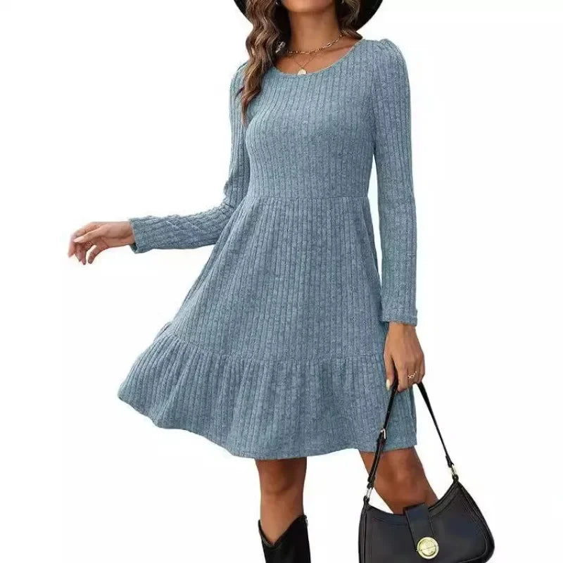 2024 Autumn and Winter Casual Solid Color Dress for Women New Striped Round Neck Knitted Sweater Dresses Femlae Clothing