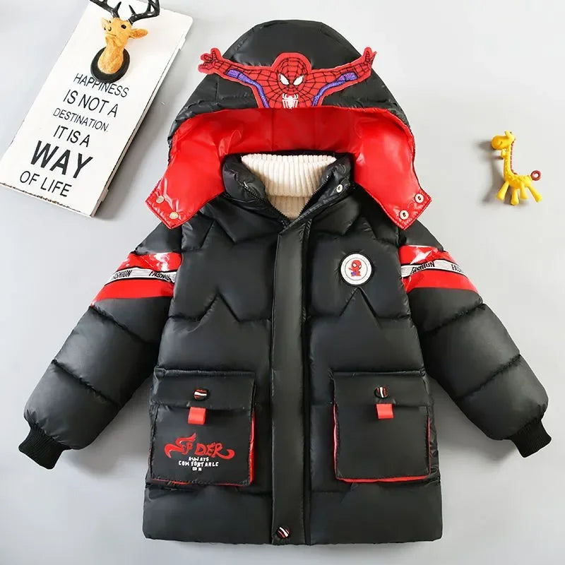 Spiderman Down Jacket 2025 Winter Baby Boy Costume Kids Warm Thicken Cotton-Padded Hooded Coat Parka Children Clothing Outerwear