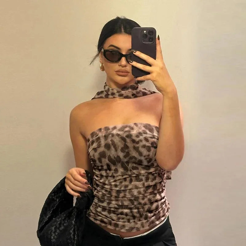Women's tulle leopard print top shoulder straight neck and leopard print straight skirt summer casual girls two-piece set
