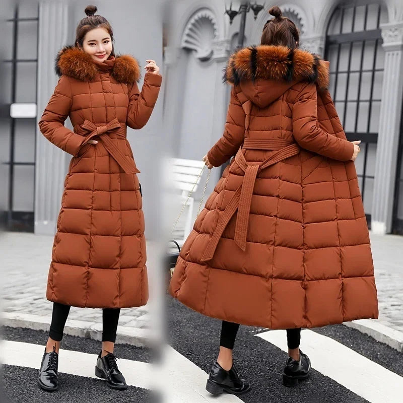 2025 Winter Women's Jacket Warm Fashion Comfortable Bow Belt Fox Fur Collar Clothes Long Dress Office Casual Women's Thick Coat