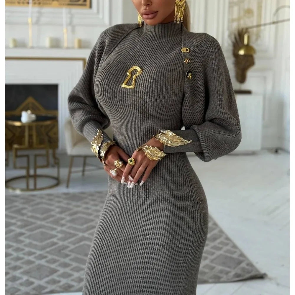 VGH Sexy Two Piece Set for Women Stand Collar Sleeveless High Wasit Bodycon Vest Dress with Long Sleeve Coat Knitted Suit Female