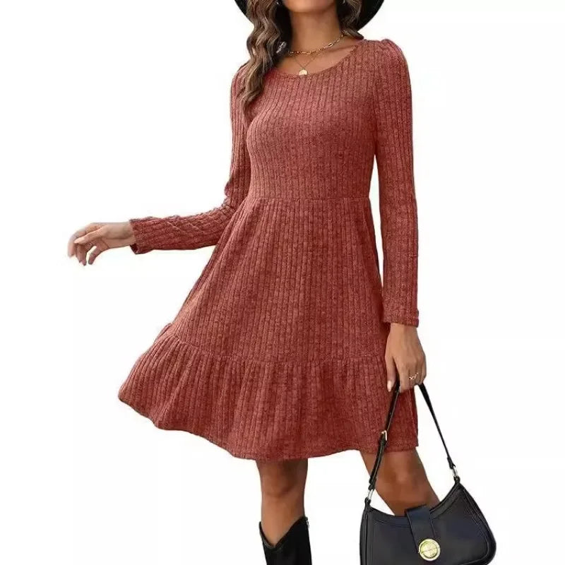 2024 Autumn and Winter Casual Solid Color Dress for Women New Striped Round Neck Knitted Sweater Dresses Femlae Clothing