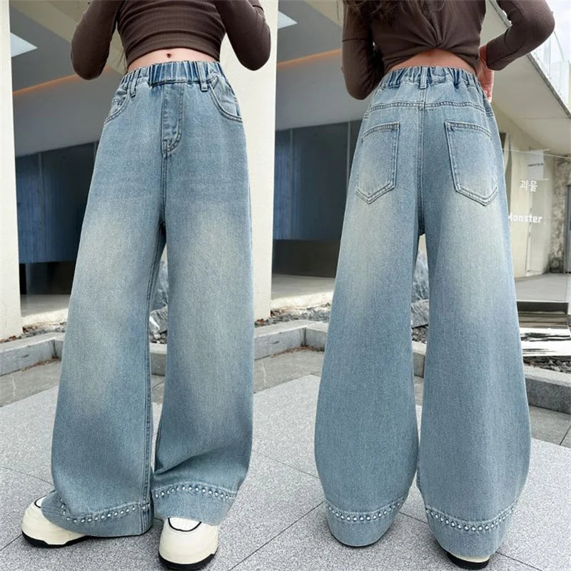 Teen Girls Loose Jeans Children Spring Autumn Wide-leg Denim Pants Fashion New Kids Straight Trousers Teenager Casual Clothes