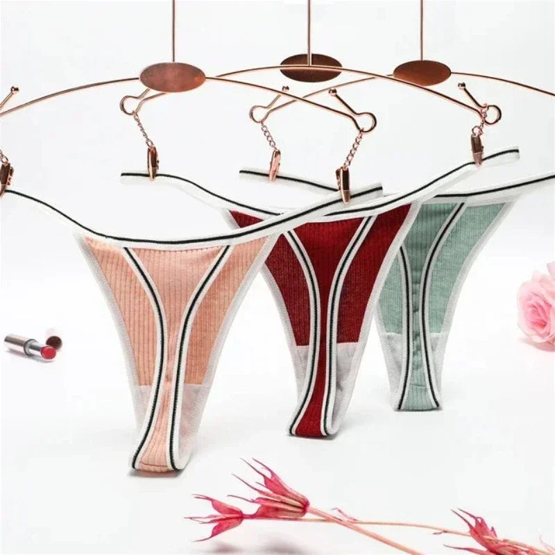 Women's Panties Sexy Rib Cotton Panties Solid Color Low Waist Seamless Simple Fashion Thongs Female Underpants