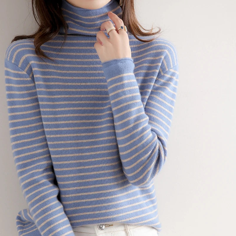 2025 Sweater Pullover Women's Cashmere Sweater Autumn/Winter New Style Striped Bottom Pad Short Fashion High end Women's Sweater