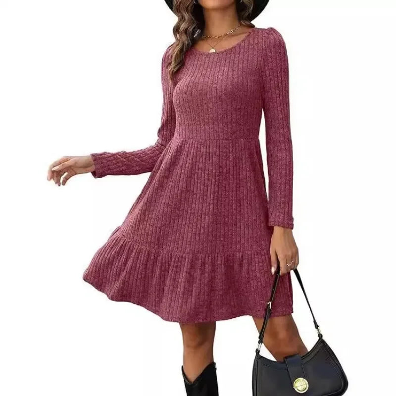 2024 Autumn and Winter Casual Solid Color Dress for Women New Striped Round Neck Knitted Sweater Dresses Femlae Clothing
