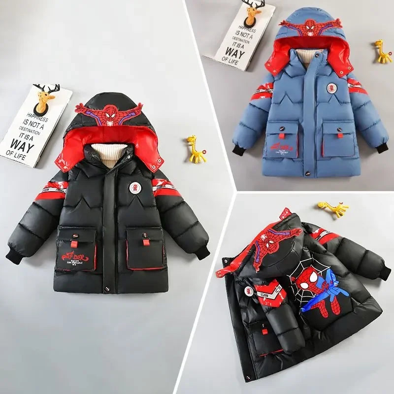 Spiderman Down Jacket 2025 Winter Baby Boy Costume Kids Warm Thicken Cotton-Padded Hooded Coat Parka Children Clothing Outerwear