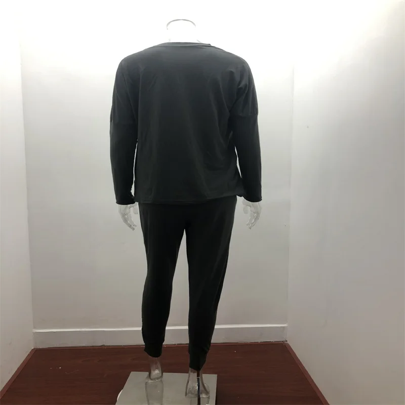 Hot Women's Long Sleeve Round Neck Top and Pants Set Simple Solid Colour Pajama Set Casual O Neck Two Piece Outfit