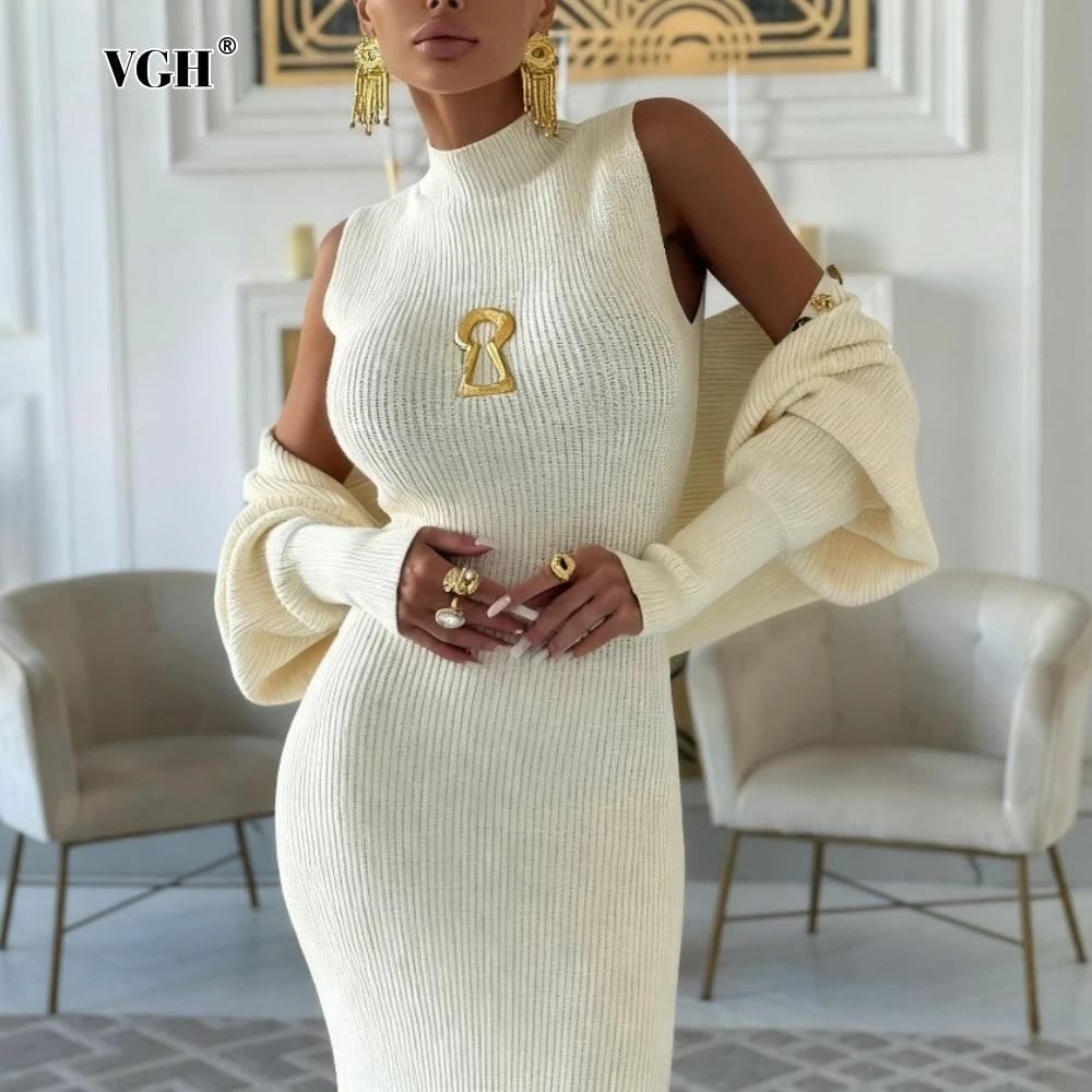 VGH Sexy Two Piece Set for Women Stand Collar Sleeveless High Wasit Bodycon Vest Dress with Long Sleeve Coat Knitted Suit Female